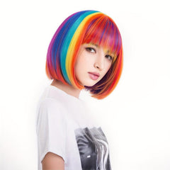 Rainbow Highlight Short Straight Bob Wig With Bangs Synthetic Wig Anime Cosplay