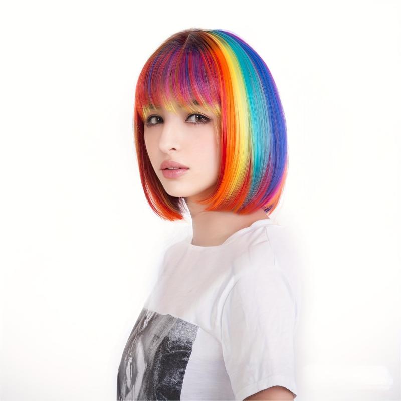 Rainbow Highlight Short Straight Bob Wig With Bangs Synthetic Wig Anime Cosplay