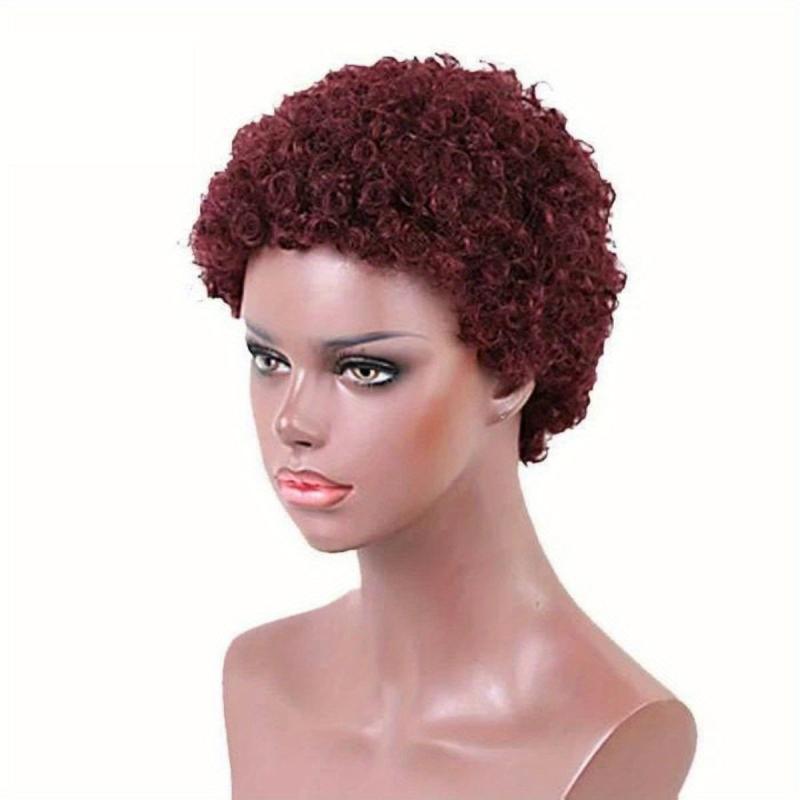 Women Short Curly Afro Hair Wig Synthetic Burgundy