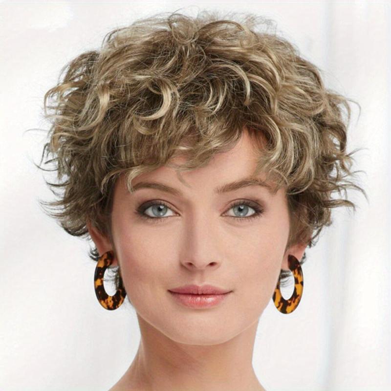 Short Curly Blonde Grey Wigs Natural Synthetic Hair Replacement