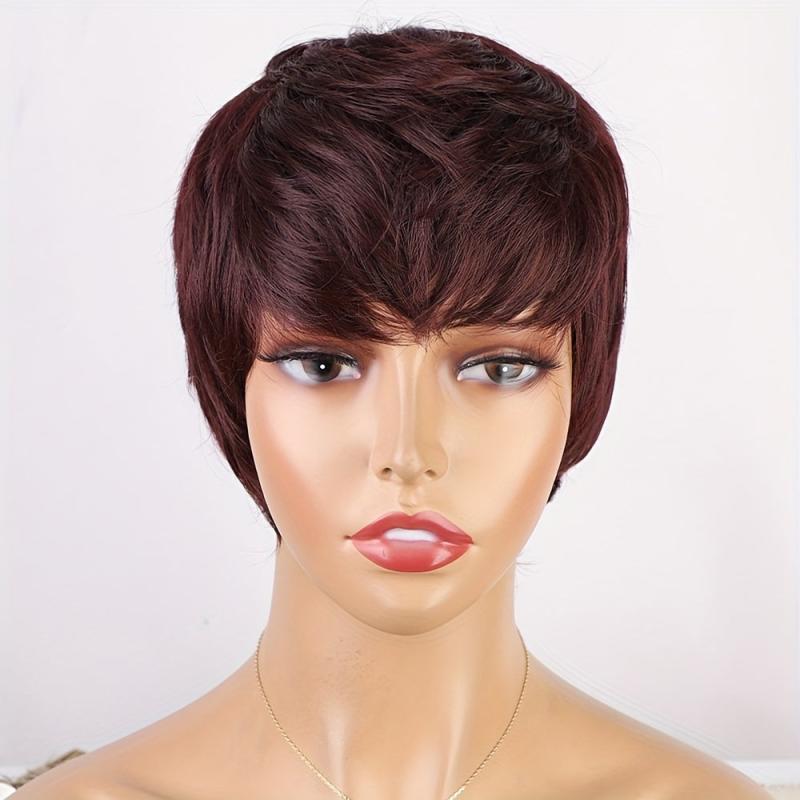 10 16 Cm Red Short Pixie Cut Wigs With Bangs Synthetic Rose Net Hair Wigs