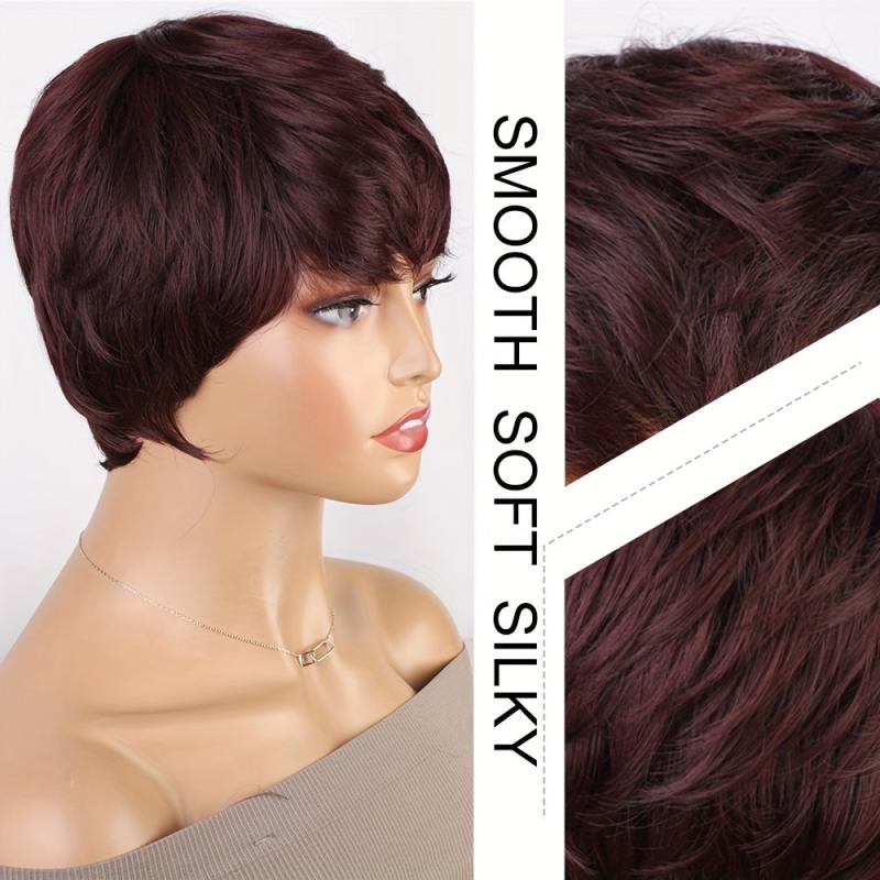 10 16 Cm Red Short Pixie Cut Wigs With Bangs Synthetic Rose Net Hair Wigs