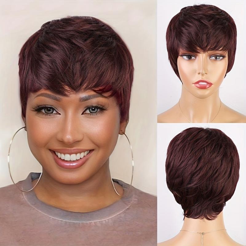 10 16 Cm Red Short Pixie Cut Wigs With Bangs Synthetic Rose Net Hair Wigs