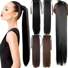 66 cm Long Straight Ponytail Extensions with Ties Synthetic Wrap Around Ponytail