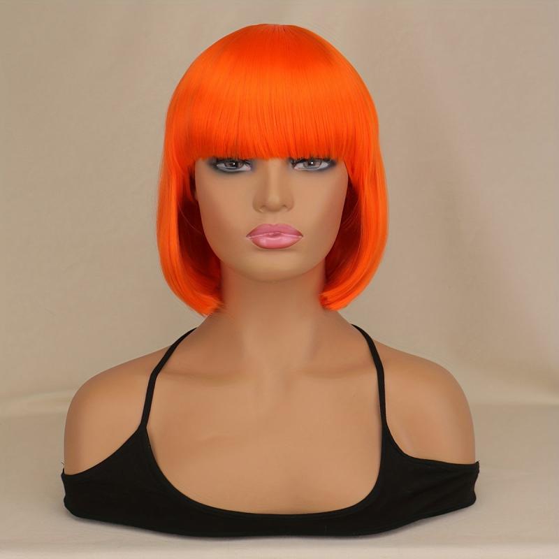 Orange 25cm Straight Bob Short Hair Wigs Synthetic Fluffy Hair Replacement