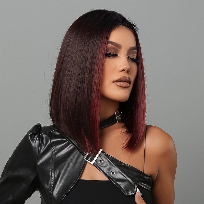 16inch Red Ombre Short Bob Straight Wigs Middle Part