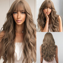 Long Light Brown Wavy Wig With Bangs - Heat Resistant Synthetic Hair