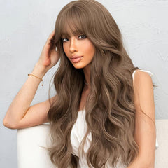 Long Light Brown Wavy Wig With Bangs - Heat Resistant Synthetic Hair