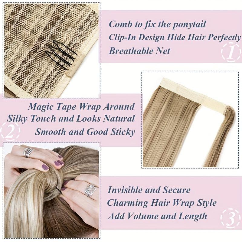 12 Cm Long Straight Ponytail Extensions Clip In Wrap Around Synthetic Hair