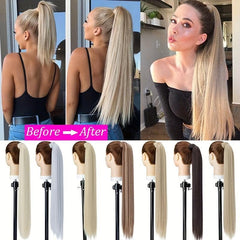 12 Cm Long Straight Ponytail Extensions Clip In Wrap Around Synthetic Hair