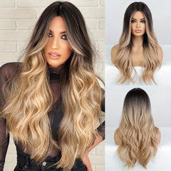 Long Wavy Hair Wig Butterfly Haircut Highlight Synthetic Hair Replacement