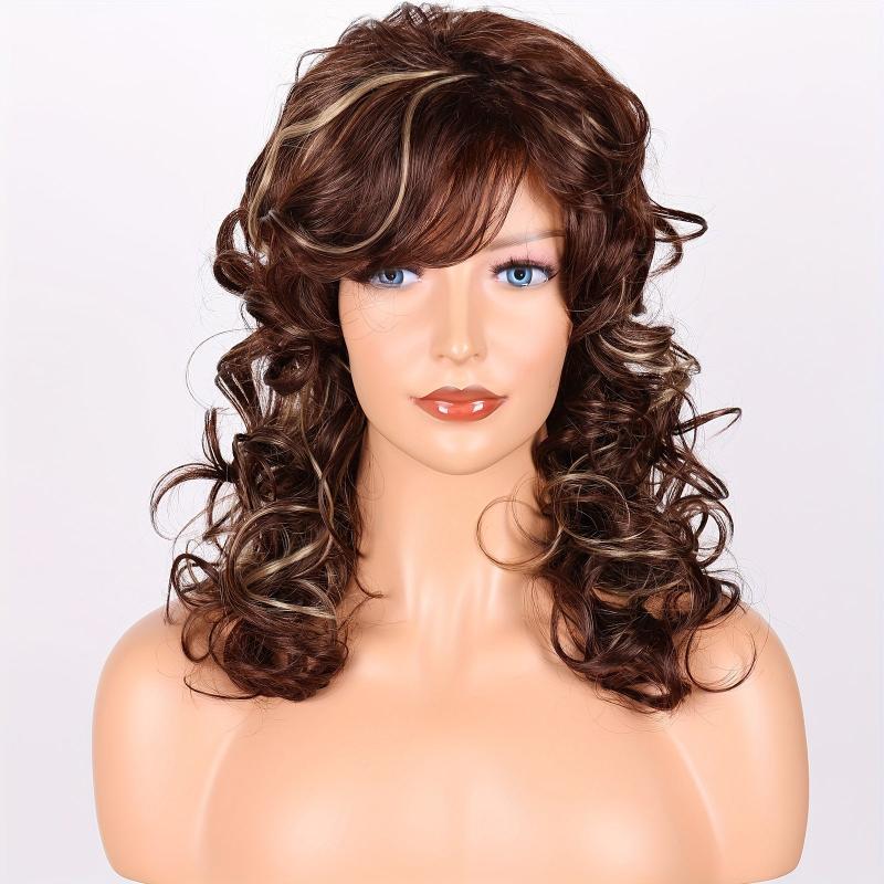 50 8 Cm Long Curly Brown Blonde Wigs With Bangs Synthetic Hair Replacement