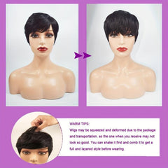 Pixie Cut Wig Human Hair Wigs With Bangs Natural Short Wig Layered Wavy Wigs
