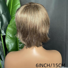 Brown Blonde Wavy Pixie Wig Short Synthetic Bangs Layered Haircut