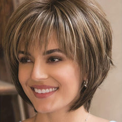 Brown Blonde Wavy Pixie Wig Short Synthetic Bangs Layered Haircut