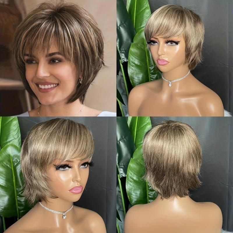 Brown Blonde Wavy Pixie Wig Short Synthetic Bangs Layered Haircut