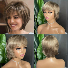 Brown Blonde Wavy Pixie Wig Short Synthetic Bangs Layered Haircut