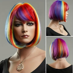 Colorful Rainbow Short Bob Wig with Bangs for Party Cosplay