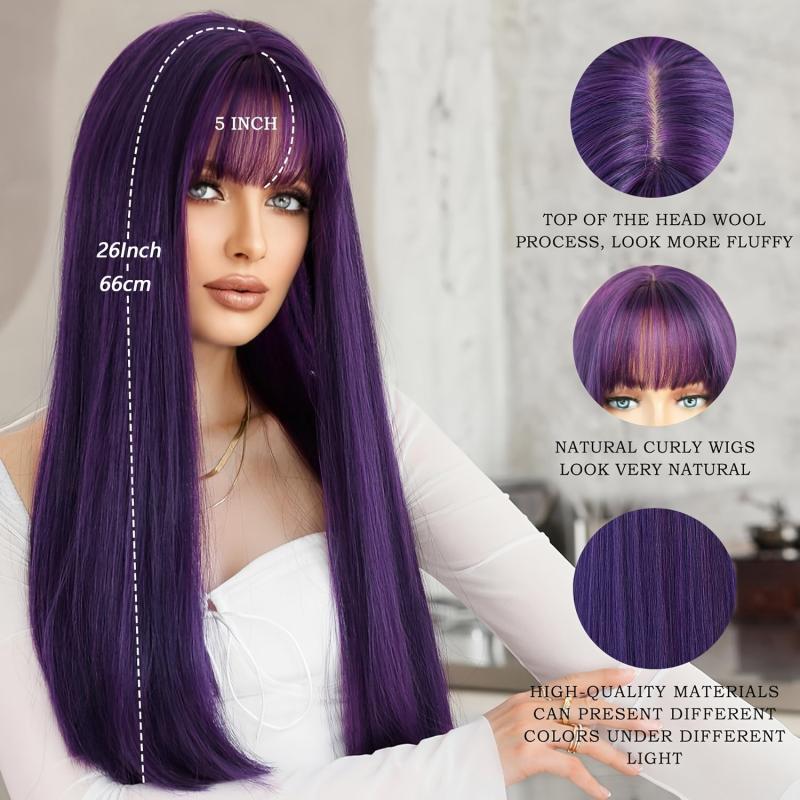 Dark Purple Straight Wig with Bangs 66cm Long Synthetic Wig