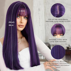 Dark Purple Straight Wig with Bangs 66cm Long Synthetic Wig