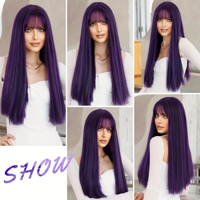 Dark Purple Straight Wig with Bangs 66cm Long Synthetic Wig
