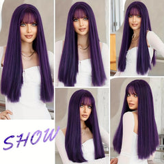Dark Purple Straight Wig with Bangs 66cm Long Synthetic Wig