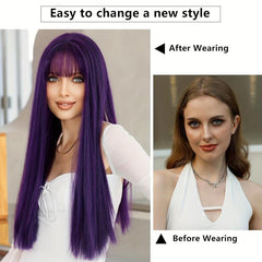 Dark Purple Straight Wig with Bangs 66cm Long Synthetic Wig