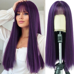 Dark Purple Straight Wig with Bangs 66cm Long Synthetic Wig