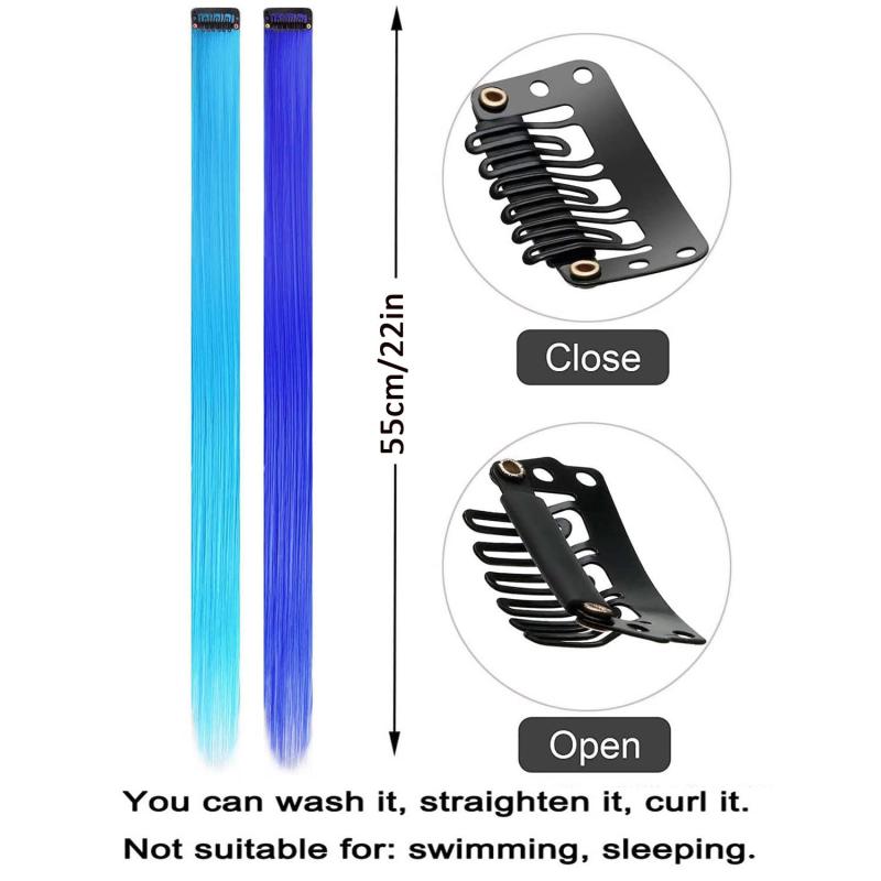 10PCS Colored Clip In Hair Extensions Teal Straight Hair Party Highlights