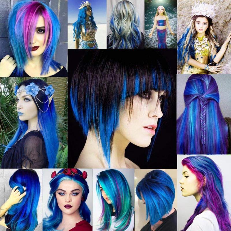 10PCS Colored Clip In Hair Extensions Teal Straight Hair Party Highlights