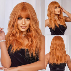 60 96 Cm Ginger Orange Loose Wave Hair Wigs With Bangs Synthetic Fiber Hair Wigs
