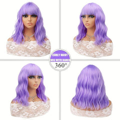 Pastel Wavy Wig With Air Bangs Short Bob Purple Pink Curly Shoulder Length