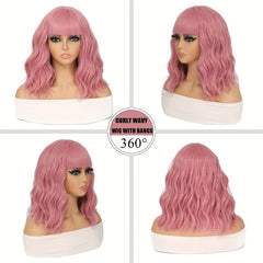 Pastel Wavy Wig With Air Bangs Short Bob Purple Pink Curly Shoulder Length
