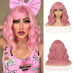 Pastel Wavy Wig With Air Bangs Short Bob Purple Pink Curly Shoulder Length