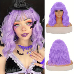 Pastel Wavy Wig With Air Bangs Short Bob Purple Pink Curly Shoulder Length