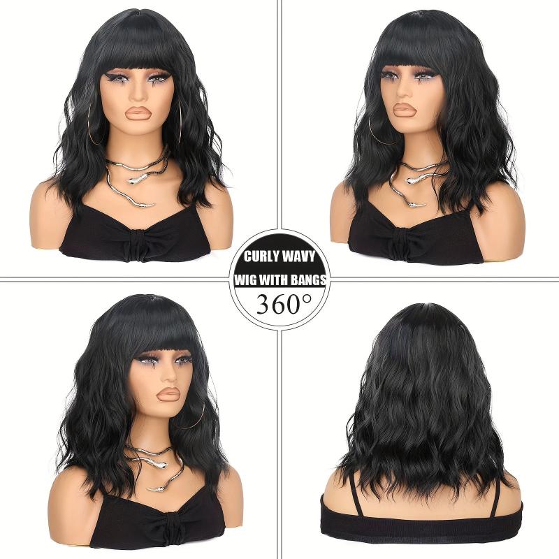 Pastel Wavy Wig With Air Bangs Short Bob Purple Pink Curly Shoulder Length