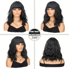Pastel Wavy Wig With Air Bangs Short Bob Purple Pink Curly Shoulder Length