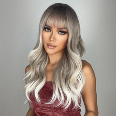 Ombre Gray Blonde Wave Wig with Bangs and Dark Roots Natural Looking