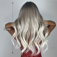 Ombre Gray Blonde Wave Wig with Bangs and Dark Roots Natural Looking