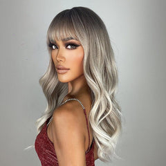 Ombre Gray Blonde Wave Wig with Bangs and Dark Roots Natural Looking