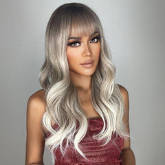 Ombre Gray Blonde Wave Wig with Bangs and Dark Roots Natural Looking