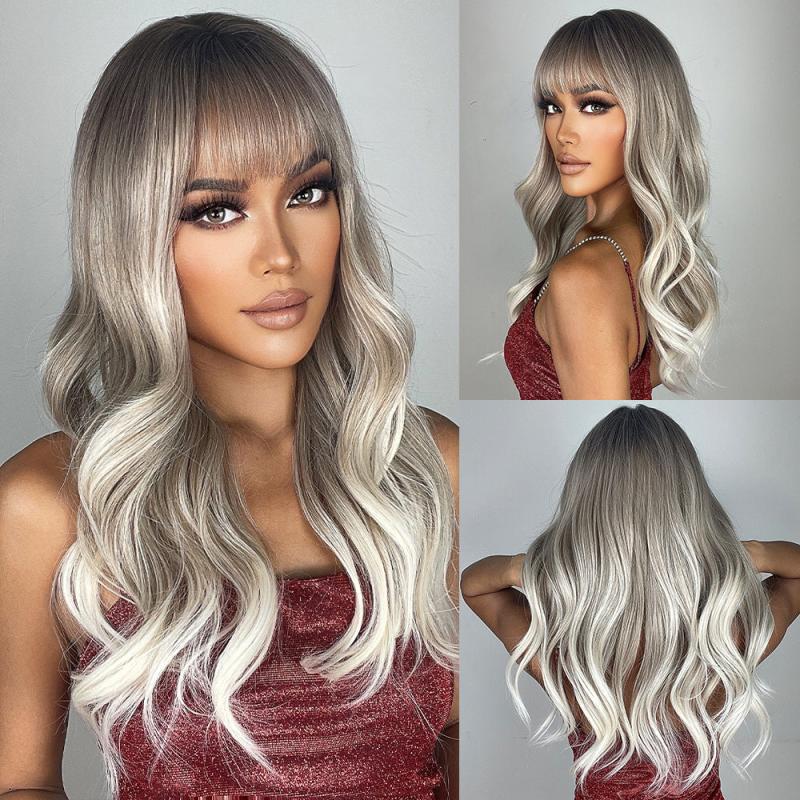 Ombre Gray Blonde Wave Wig with Bangs and Dark Roots Natural Looking