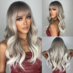 Ombre Gray Blonde Wave Wig with Bangs and Dark Roots Natural Looking