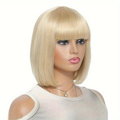 Short Brown Bob Wig with Bangs Synthetic Straight Hair for Daily Party Use