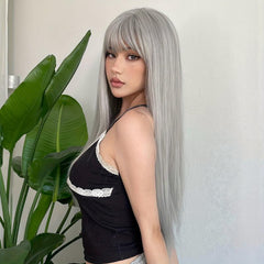 Silvery Grey Straight Hair Wigs With Bangs Heat-Resistant Synthetic Hair