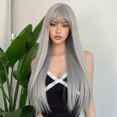 Silvery Grey Straight Hair Wigs With Bangs Heat-Resistant Synthetic Hair
