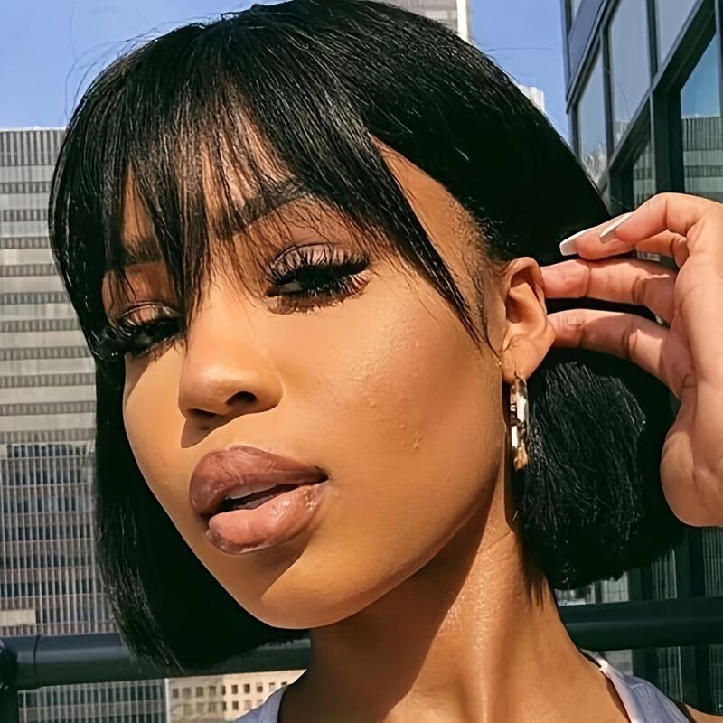Short Bob Straight Human Hair Wig with Bangs 15-56 cm