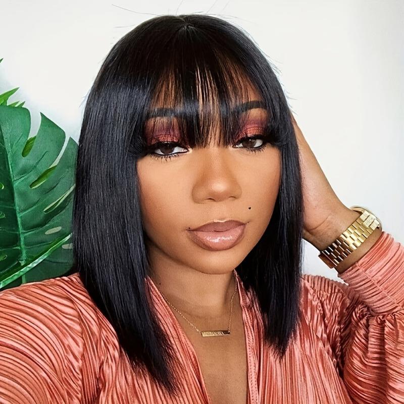 Short Bob Straight Human Hair Wig with Bangs 15-56 cm