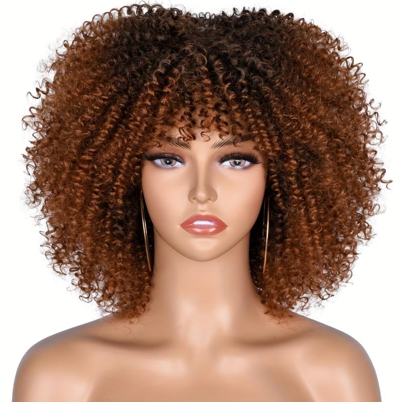 25 4 Cm Short Afro Kinky Curly Hair Wigs With Bangs For Women Synthetic Ombre