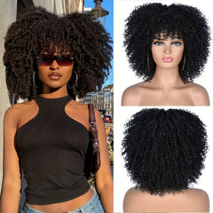 25 4 Cm Short Afro Kinky Curly Hair Wigs With Bangs For Women Synthetic Ombre